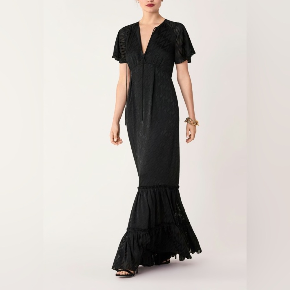 Diane von Furstenberg Josefine Black Burnout Gown Ruffle Long Maxi Dress, Size 0